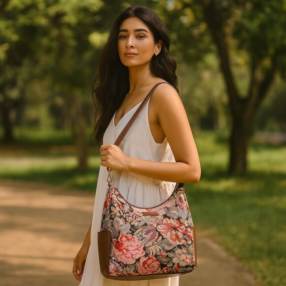 Women's Floral Tapestry Fabric Hobo Bag | Leather-Trimmed Crossbody Bag - Picture 2 of 8